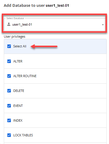 管理 MySQL 数据库用户 - 选择数据库并授予权限