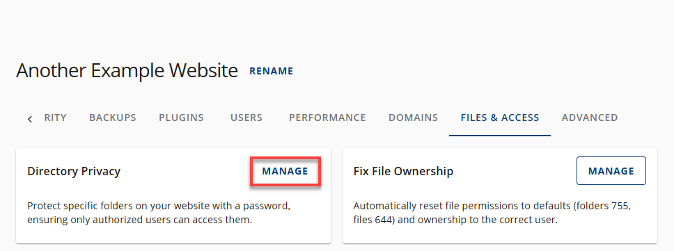 Bluehost Account Manager - Files and Access - Manage Directory Privacy