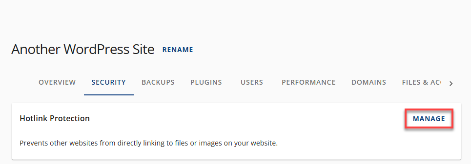 Bluehost 帐户管理器 - 安全选项卡 管理防盗链保护