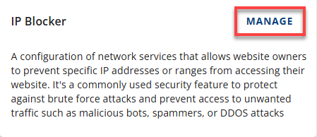 Bluehost 帐户管理器 - 网站安全性选项卡 - 管理 IP 阻止器