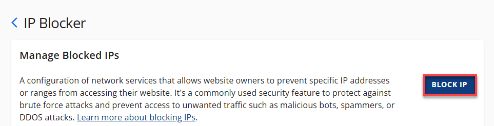 Bluehost 帐户管理器 - 网站安全性选项卡 - 管理 IP 阻止器 - 阻止 IP