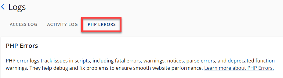 Logs card - PHP Errors tab