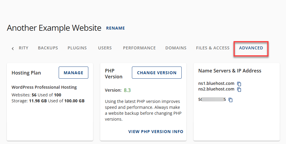 Bluehost 账户管理器 - 高级选项卡