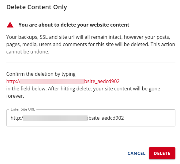 Bluehost 账户管理器 - 高级选项卡 网站管理 - 仅删除网站内容