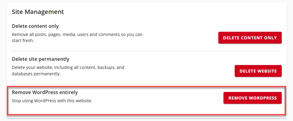 Bluehost 账户管理器 - 高级选项卡 网站管理 - 完全移除 WordPress