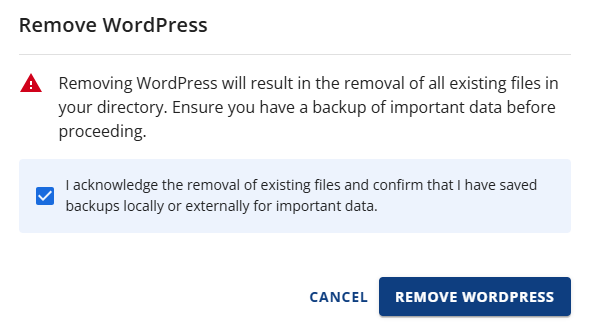 Bluehost 账户管理器 - 高级选项卡 网站管理 - 完全移除 WordPress