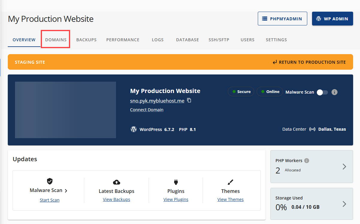 Cloud Staging Site Overview DOMAINS Navigational tab