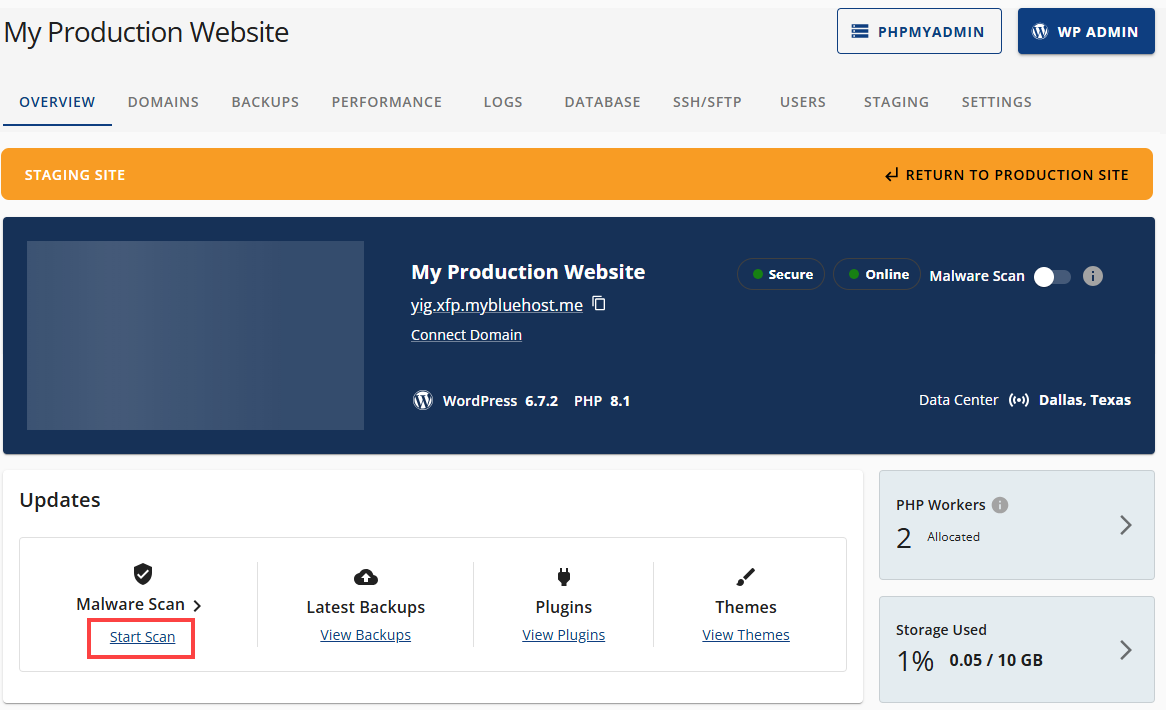 Cloud Staging Site Overview Start Scan link