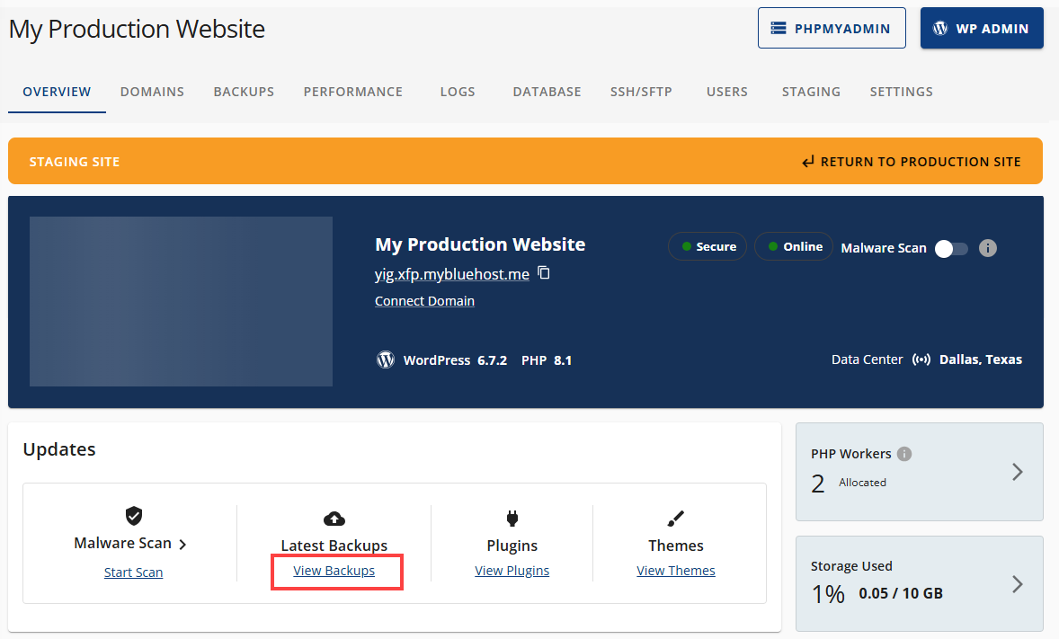 Cloud Staging Site Overview View Backups link