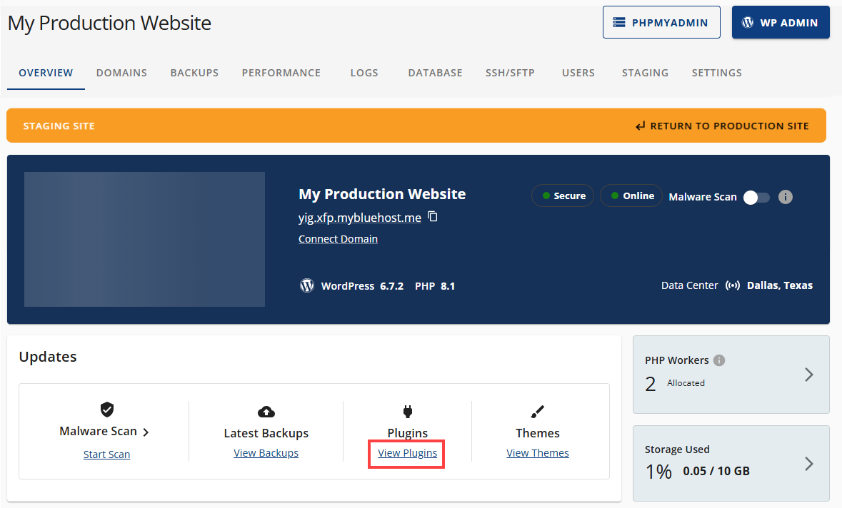 Cloud Staging Site Overview View Plugins link
