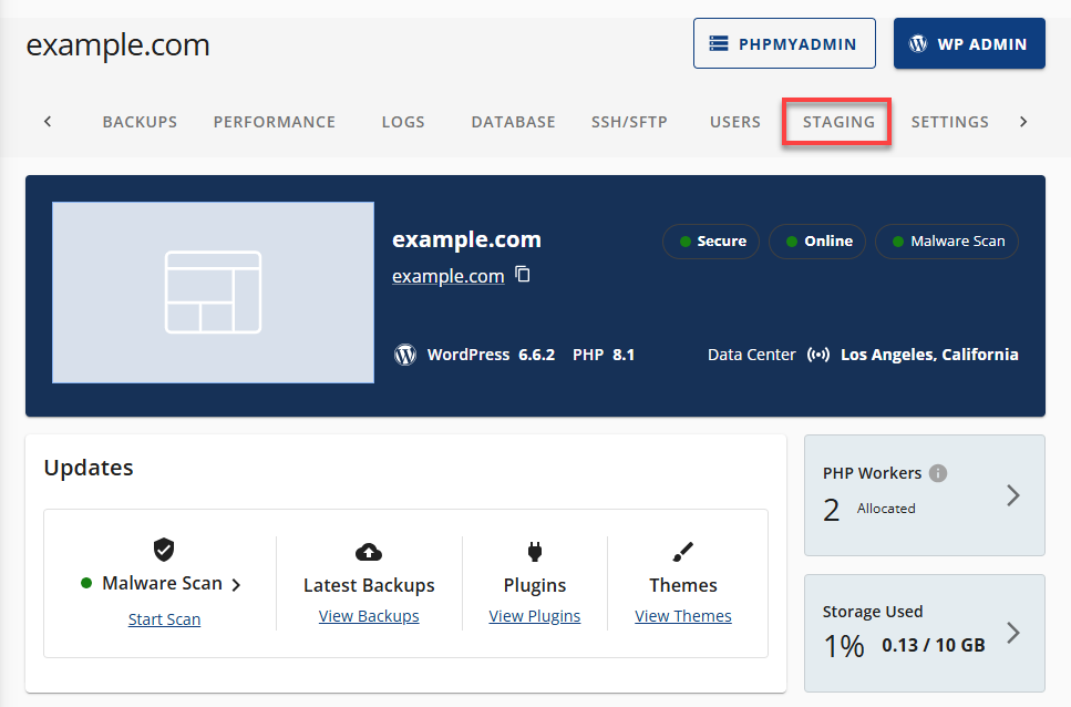 Bluehost Staging - Staging Tab