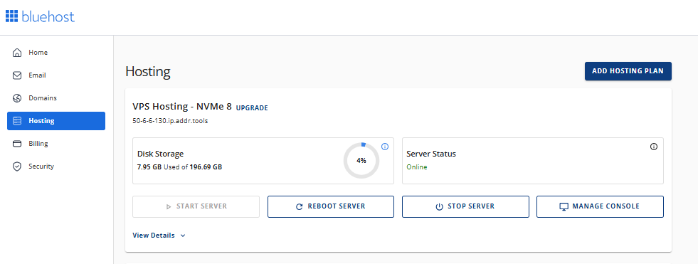 Account Manager - Hosting tab - Self-Managed VPS Interface