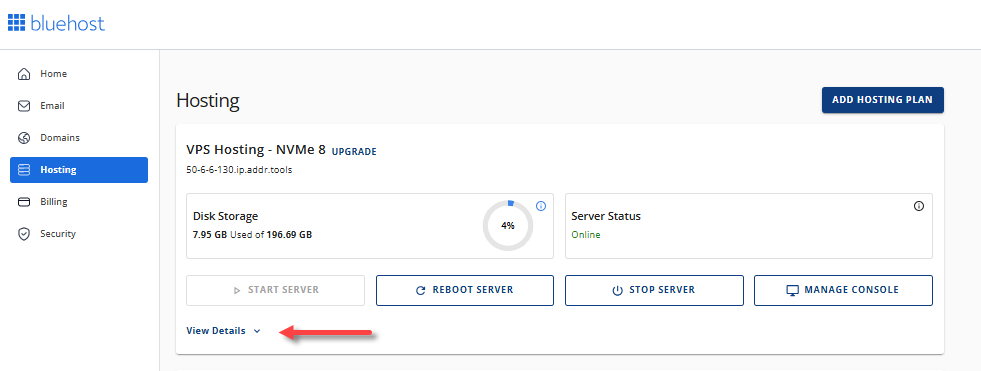 Hosting tab - Self-Managed VPS - View Details link
