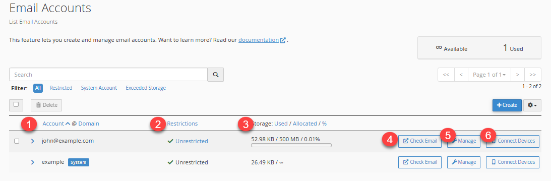 cPanel Email Accounts page