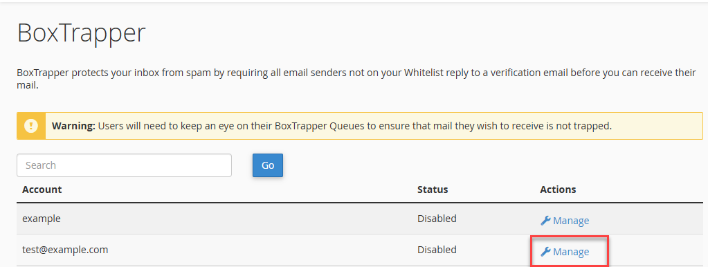 cPanel - Email - BoxTrapper - Manage Email