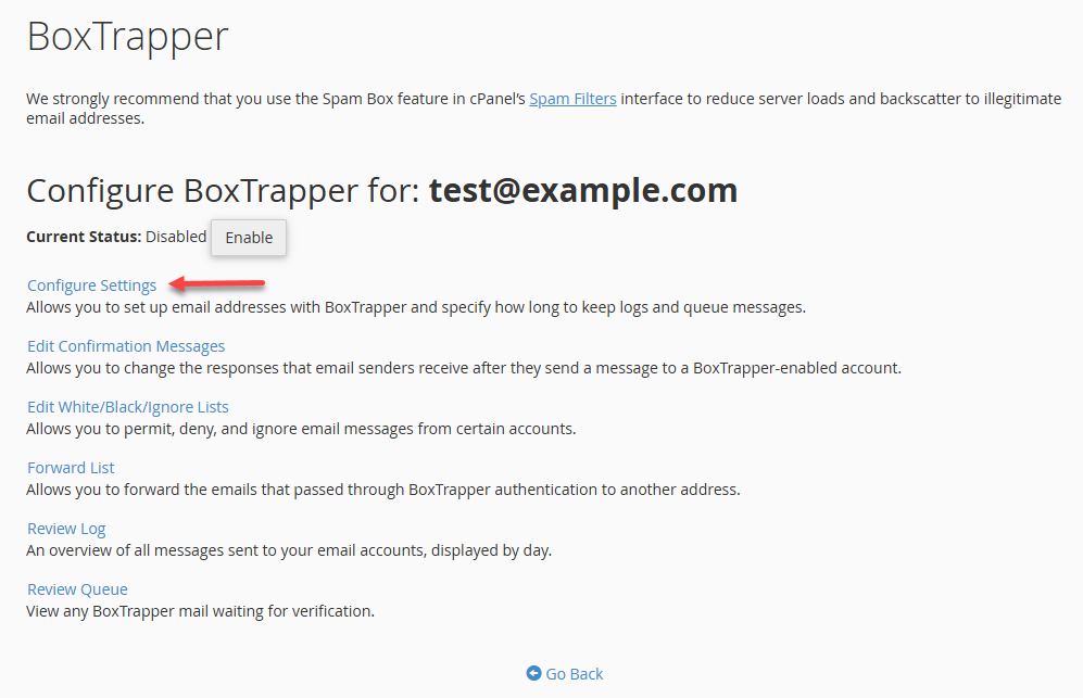 cPanel - Email - BoxTrapper - Manage Email - Configure Settings