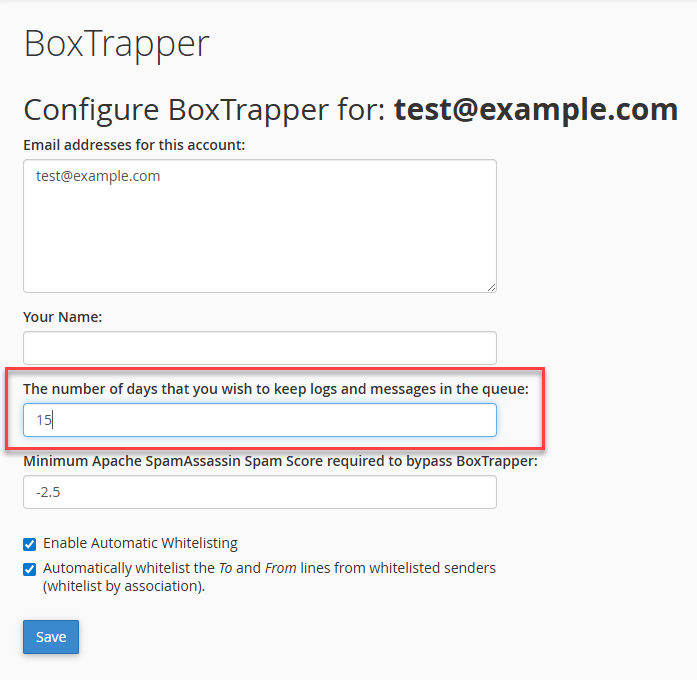 cPanel - Email - BoxTrapper - Manage Email - Configure Settings - 3rd section