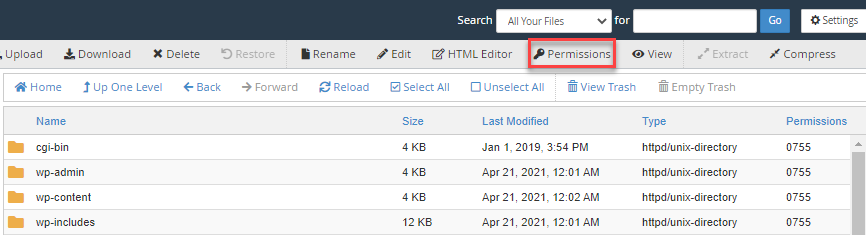 cpanel settings-changing file permissions