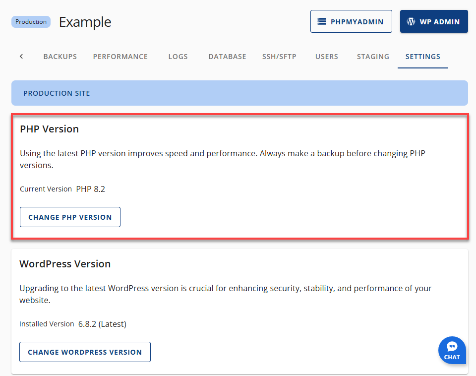 Bluehost账户管理器 - 网站选项卡 - 设置 - PHP版本部分视图