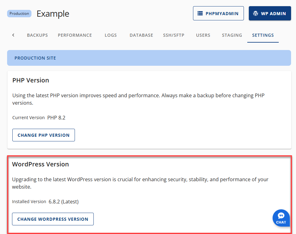 Bluehost账户管理器 - 网站选项卡 - 设置 - WordPress版本部分视图