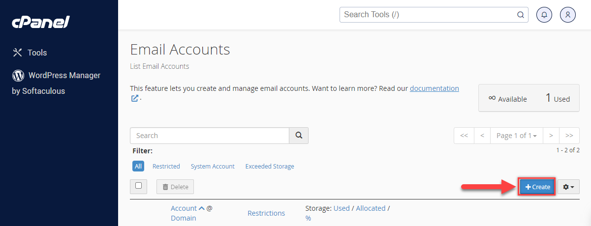 cPanel email create email