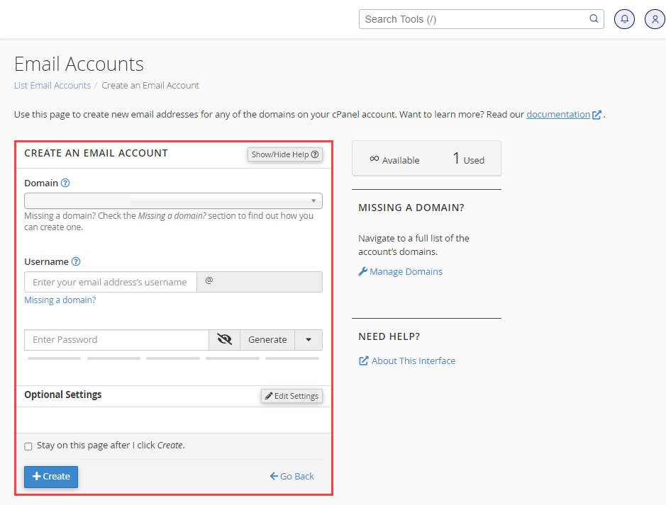 Create an email account section