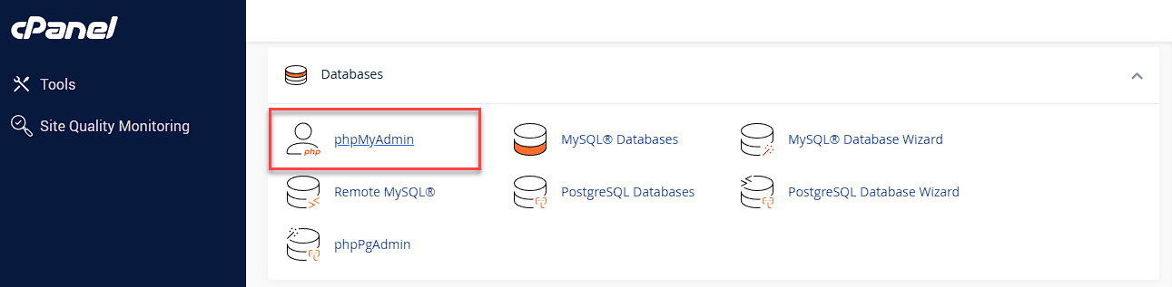 cPanel - Databases Section - phpMyadmin