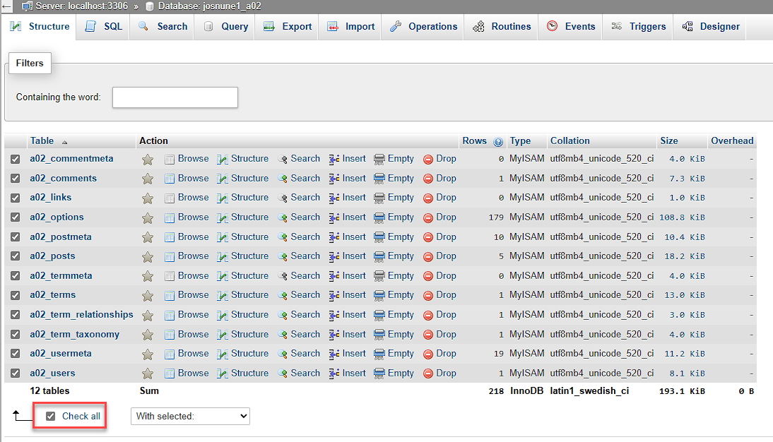 phpMyAdmin - Check All table