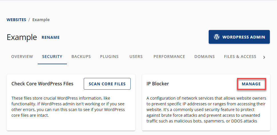 Bluehost Account Manager - Websites Security Tab - IP Blocker