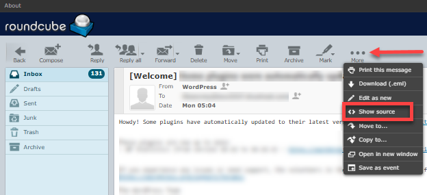 Get email headers - Roundcube - Show source