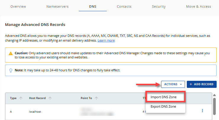 DNS tab - Actions menu - Import DNS Zone