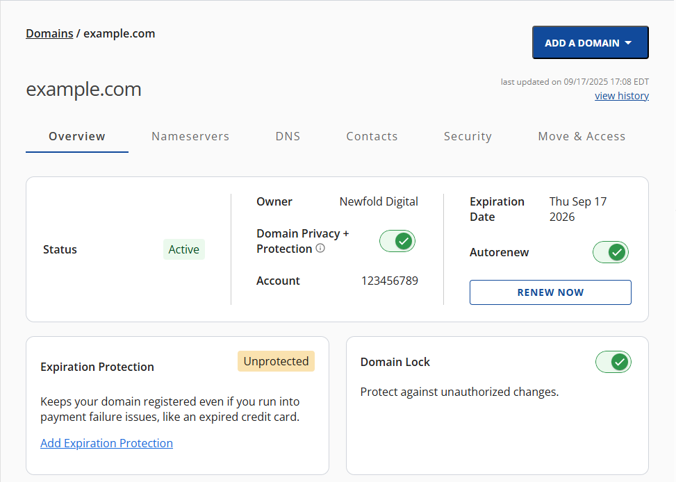 Bluehost Account Manager - Domains Overview
