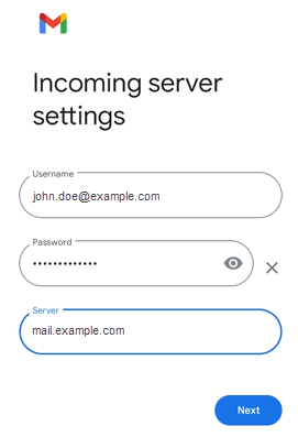 Android device - Email app - Enter incoming server