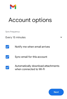 Android device - Email app - Select account options for sync frequency