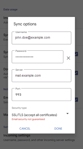 Android device - Incoming settings - Sync options