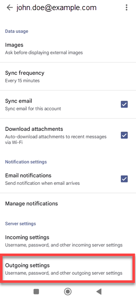 Android device - Email app - Outgoing settings