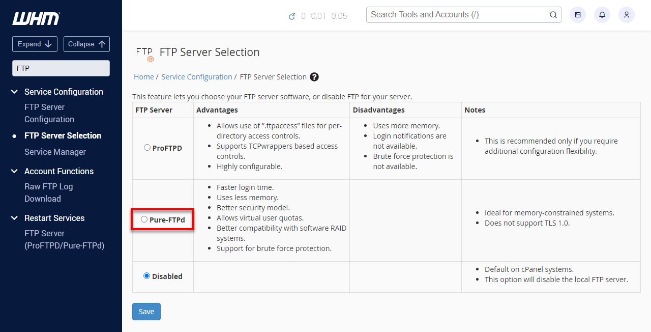 WHM 中 FTP Server Selection 已禁用