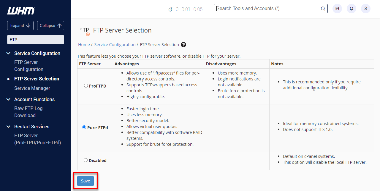 在 FTP Server Selection 中保存设置