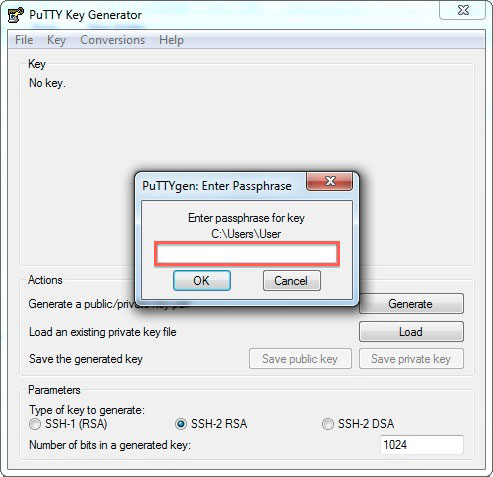 PuTTY Key Generator - Enter the passhrase for your SSH keys