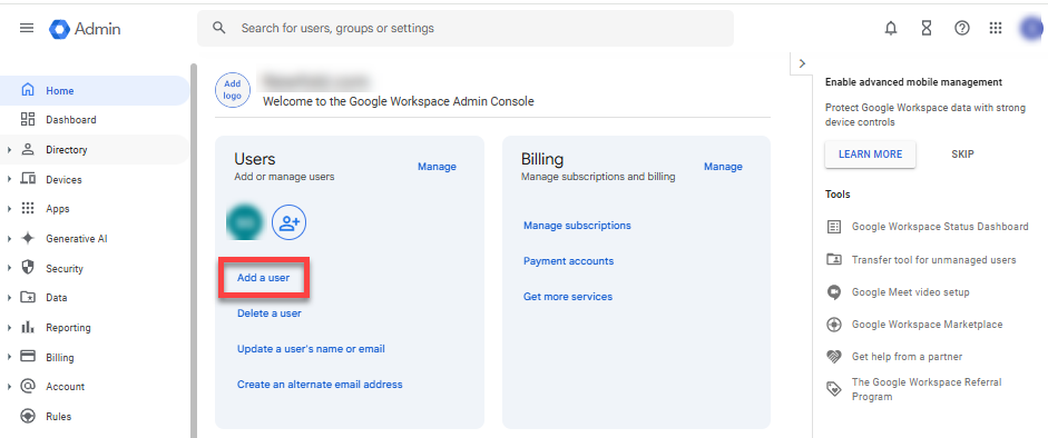 Google Workspace 管理控制台 - 添加新用户链接