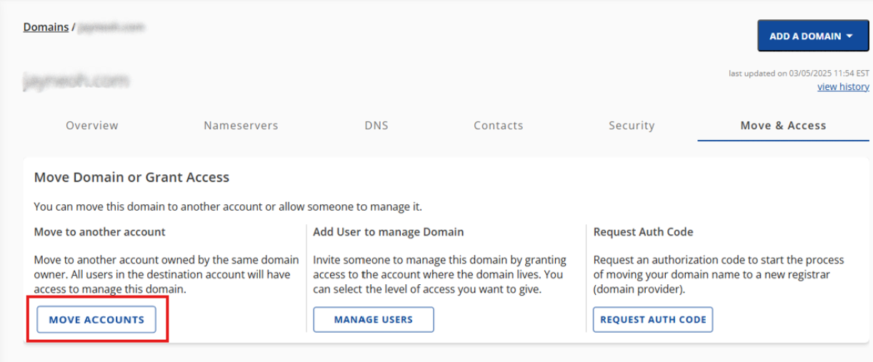Move & Access tab - Move to another account section - Move Accounts