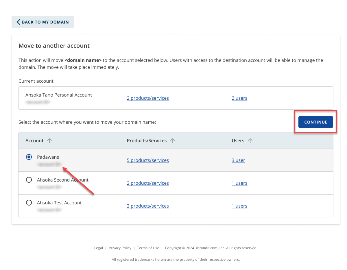 Move & Access tab - Move to another account section - Continue