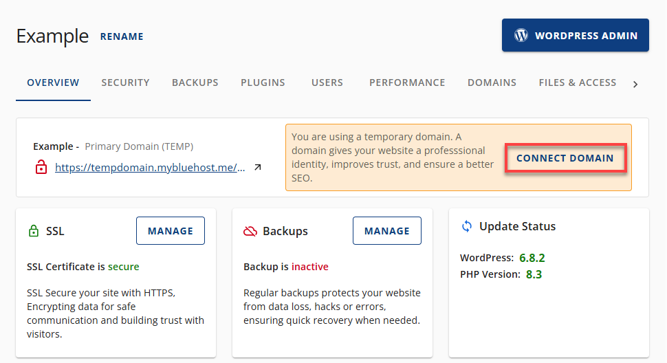 Bluehost 帐户管理器 - 托管概述 - 连接域名