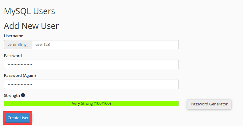 BH cPanel - Create Database User