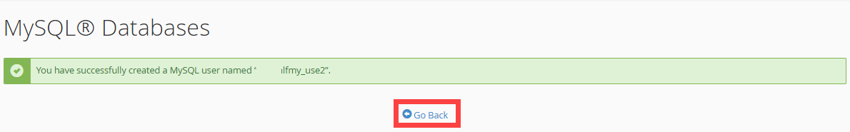 BH cPanel - Create Database User - Go Back