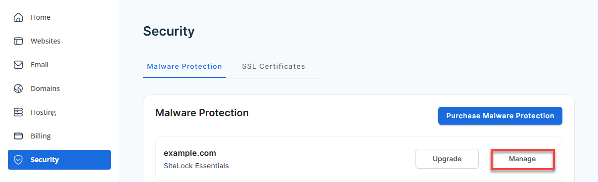 Account Manager - Left Navigation Menu - Security Manage SiteLock
