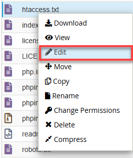 .htaccess file option, selecting Edit