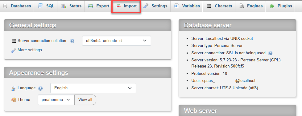 Bluehost Websites Overview Tab - phpMyAdmin Import