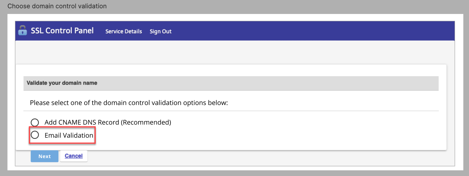 Bluehost SSL Validation Email Option