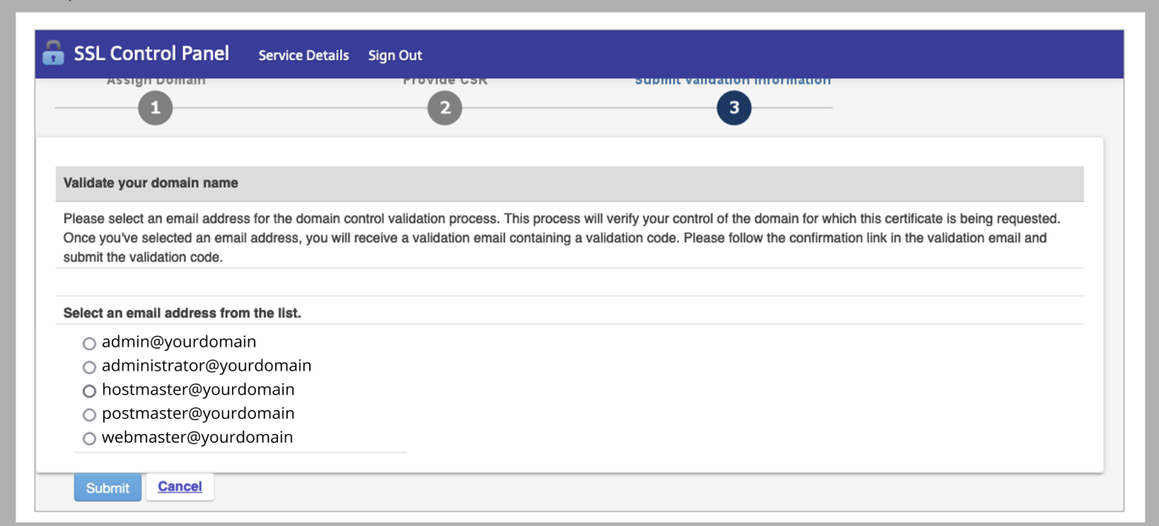 Bluehost SSL Validation Email Option